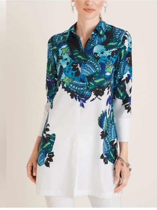 Chico's Tops - Chico’s Printed Tunic - Rainforest Butterfly Print Top -Seafaring Blue